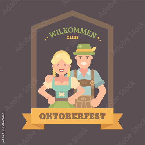 Welcome to Oktoberfest flat illustration banner. Man in lederhosen and girl in dirndl dress.  Oktoberfest beer festival poster