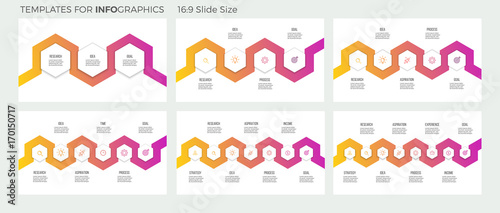 Business infographics. Presentations with 3, 4, 5, 6, 7, 8 steps. Connected hexagons. Vector infographic templates.