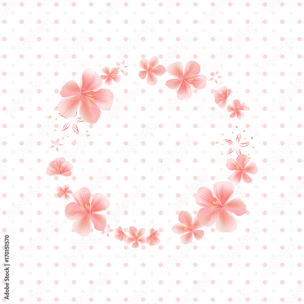 Flying Pink Sakura flowers isolated on White dotted background. Apple-tree flowers. Frame Cherry blossom. Vector