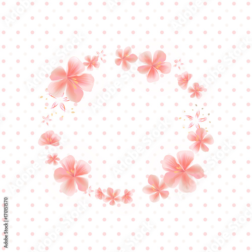 Flying Pink Sakura flowers isolated on White dotted background. Apple-tree flowers. Frame Cherry blossom. Vector