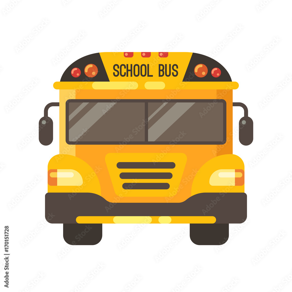 Yellow school bus front view flat illustration on white background