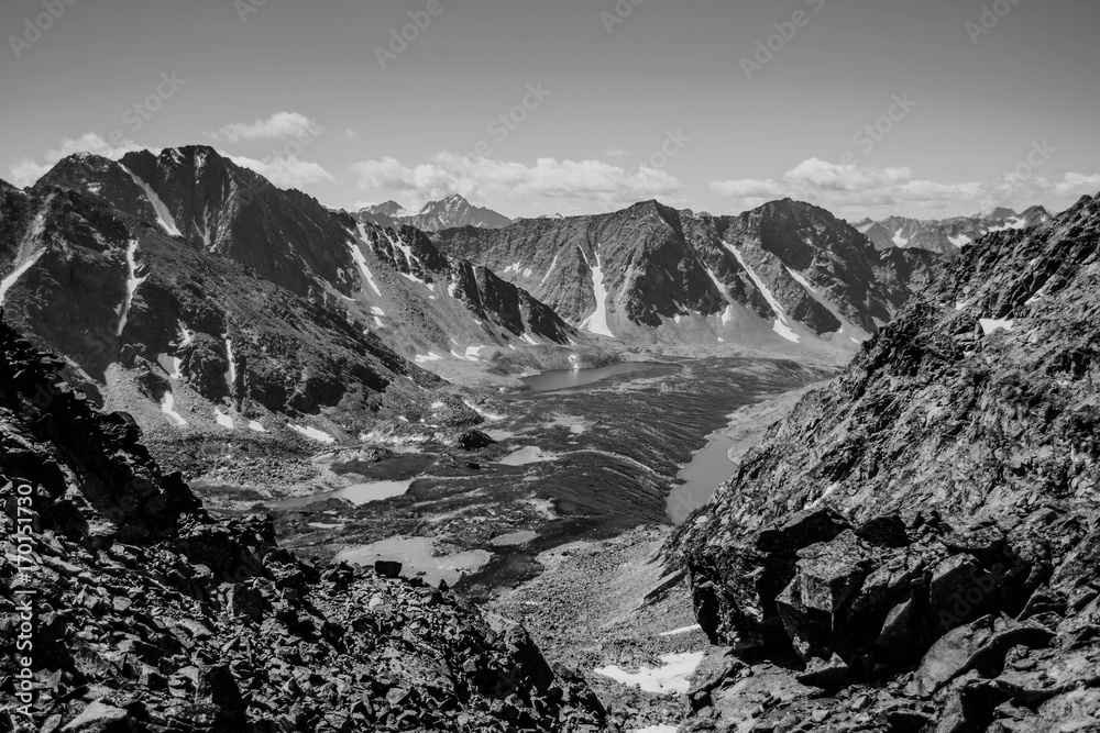 Black and white photo mountain range with valley, mountain lakes and river, national park in Altai republic, Siberia, Russia