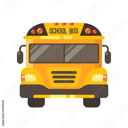 Yellow school bus front view flat illustration on white background