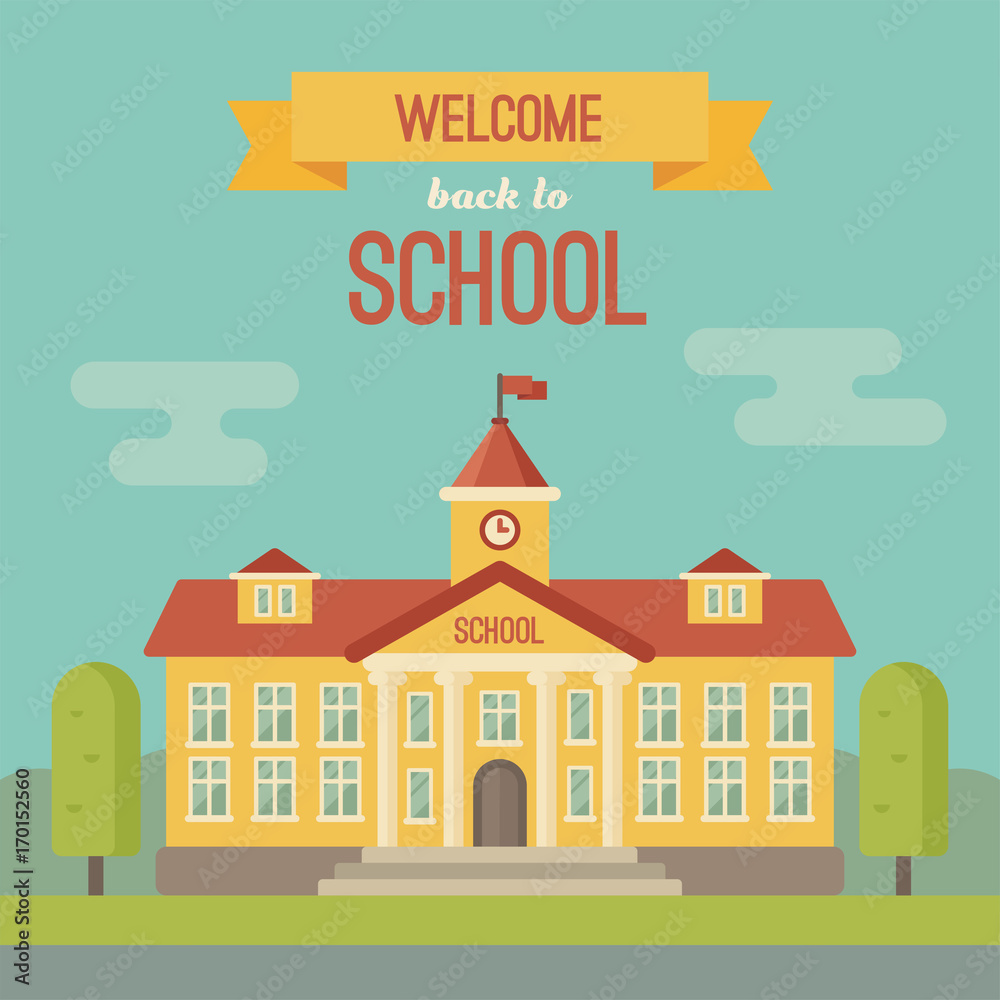 Fototapeta premium School building banner with text Welcome back to school