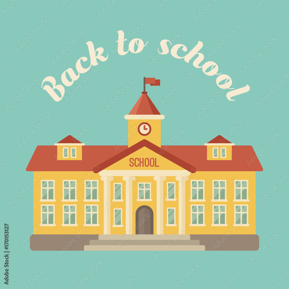 School building on blue background flat illustration. Back to school