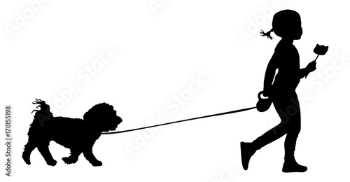 Little girl walks dog holding a lollipop ice cream. Walking with pet. Best friend concept. illustration of child and dog silhouettes. 