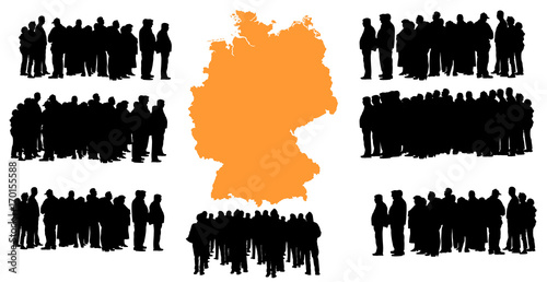 Vector silhouette of a group of refugees, migration crisis in Europe. War migration waves going through Schengen Area. Germany country vector map background.