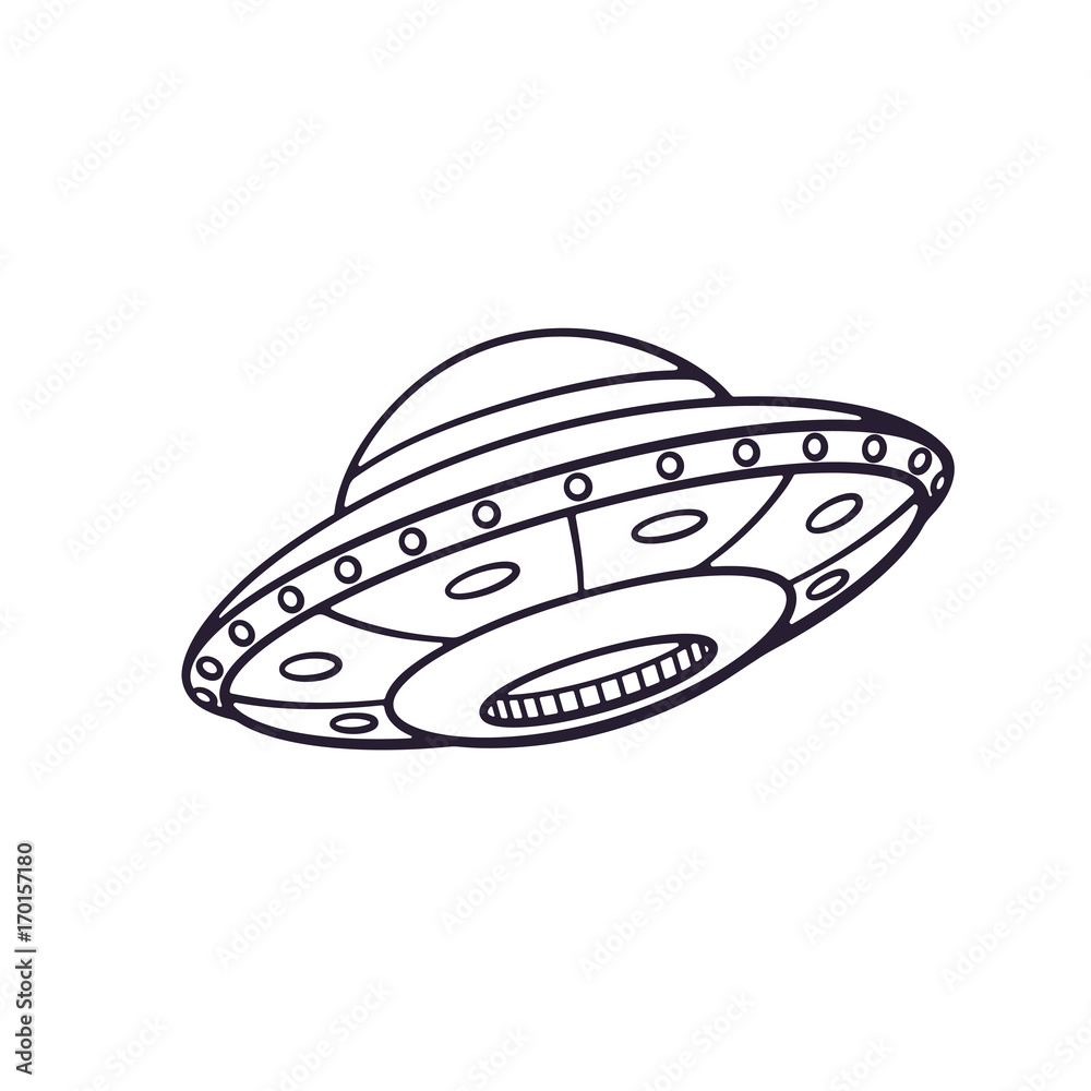 Vector illustration. Hand drawn doodle of toy UFO space ship. Cartoon sketch. Alien space ship. Futuristic unknown flying object. Isolated on white background Vector illustration. Hand drawn doodle of toy UFO space ship. Cartoon sketch. Alien space ship. Futuristic unknown flying object. Isolated on white background