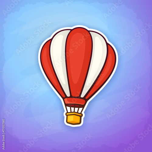 Vector illustration. Hot air balloon in red and white stripes on sky background. Summer journey by air transport. Sticker in cartoon style with contour. Isolated on blue background