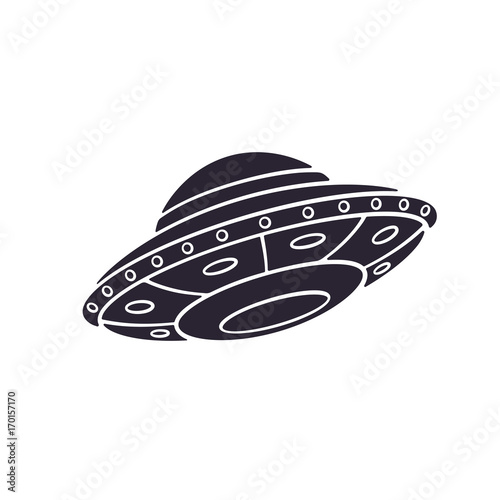Vector illustration. Silhouette of toy UFO space ship. Alien space ship. Futuristic unknown flying object. Isolated pattern on white background
