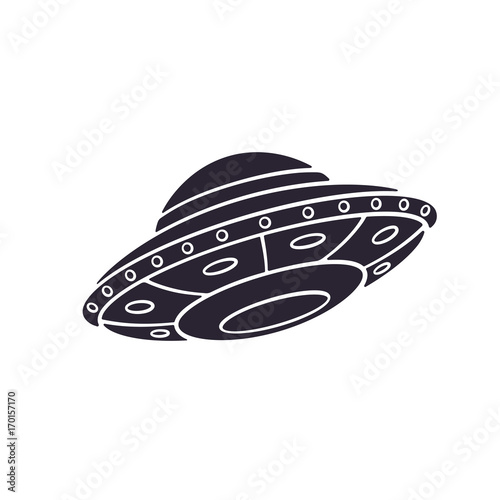 Vector illustration. Silhouette of toy UFO space ship. Alien space ship. Futuristic unknown flying object. Isolated  pattern on white background