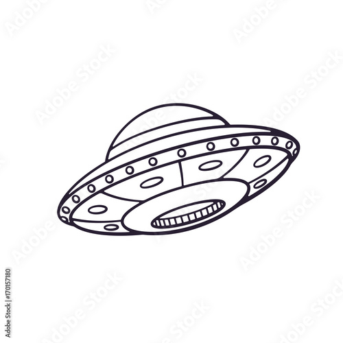 Vector illustration. Hand drawn doodle of toy UFO space ship. Cartoon sketch. Alien space ship. Futuristic unknown flying object. Isolated on white background  