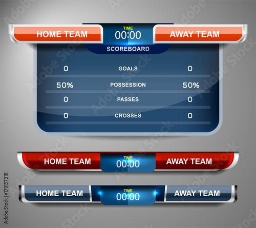 Scoreboard Broadcast Graphic and Lower Thirds Template for soccer and football, vector illustration