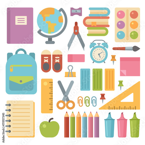 School items flat icon set. Back to school