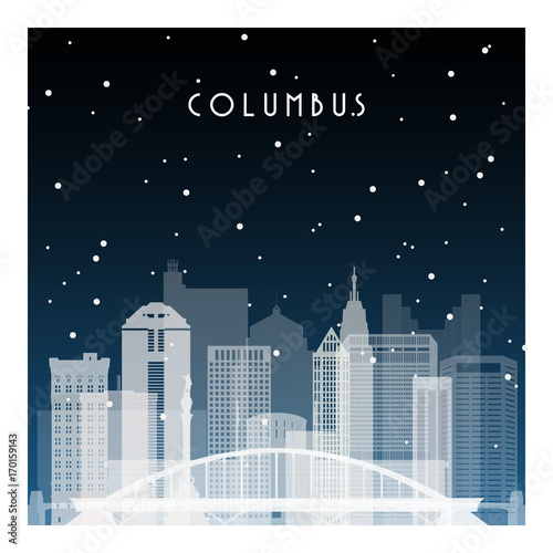 Winter night in Columbus. Night city in flat style for banner, poster, illustration, game, background.