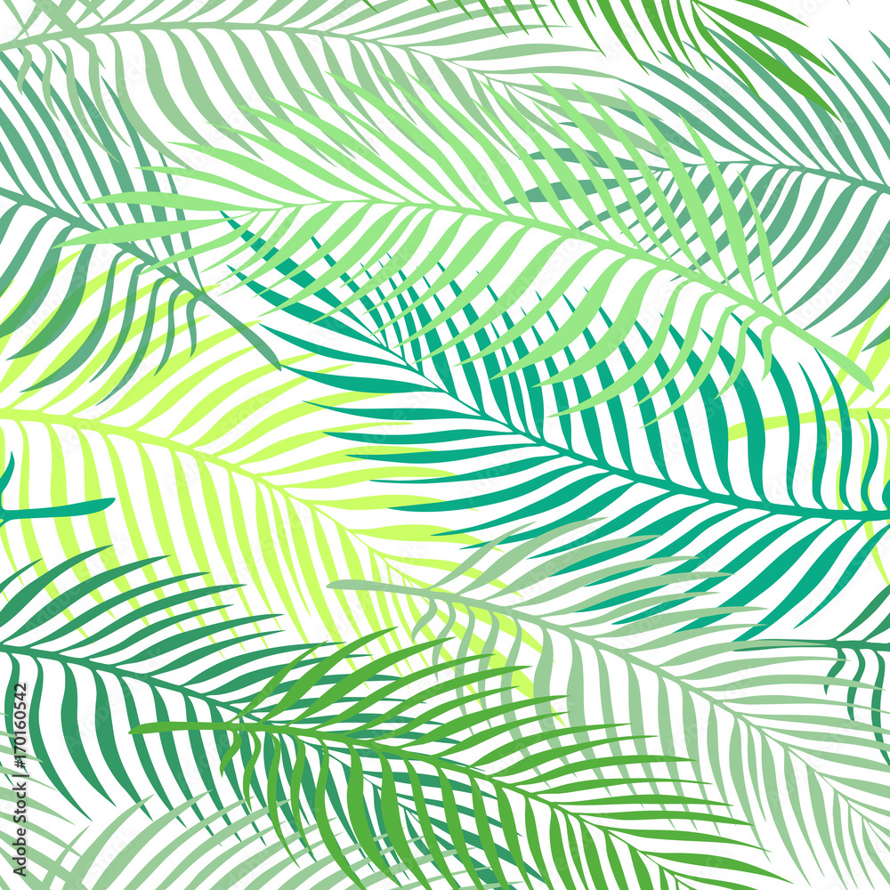 Colorful green ecological pattern with palm leaves. Floral summer motif for, sunset beach party background, wrapping paper design, fresh banner