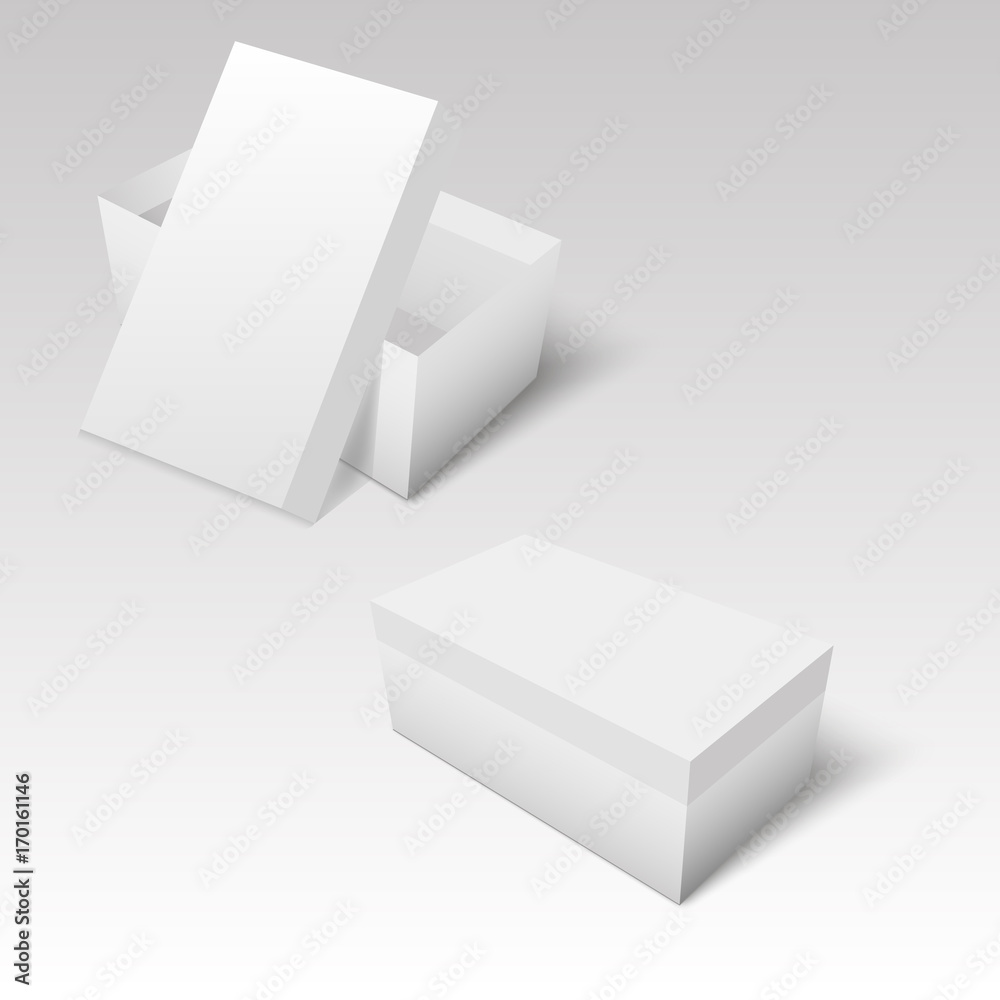 White square cardboard or paper package with cover box mockup. Vector