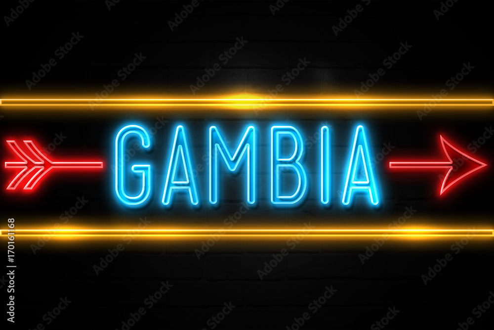 Gambia  - fluorescent Neon Sign on brickwall Front view