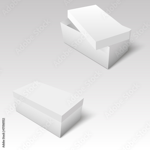 White square cardboard or paper package with cover box mockup. Vector