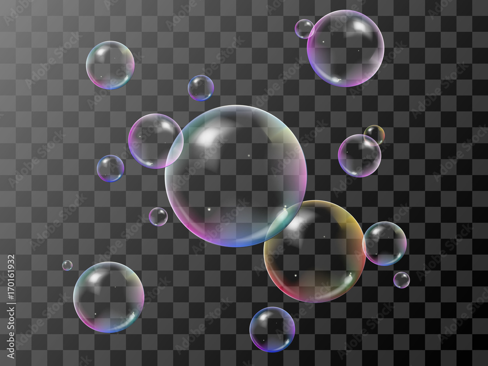 Realistic 3d soap bubbles set with rainbow reflection. Vector illustration. Transparent. - obrazy, fototapety, plakaty 