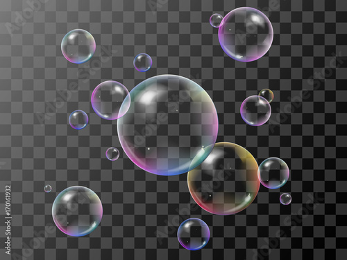 Realistic 3d soap bubbles set with rainbow reflection. Vector illustration. Transparent. photo