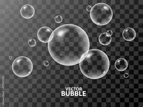 Realistic 3d soap bubbles with reflection of light. Vector illustration. Transparent.