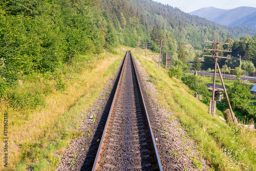 Travel, rest. A view of the railway tracks surrounded by trees, grass and bushes. Horizontal frame