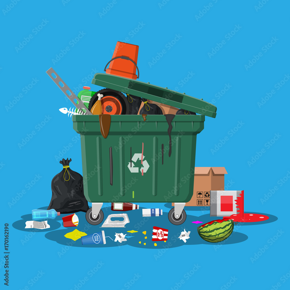 Garbage bin full of trash. Overflowing container Garbage bin full of trash. Overflowing container