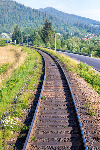 Travel, rest. A view of the railway tracks surrounded by trees, grass and bushes. Vertical frame