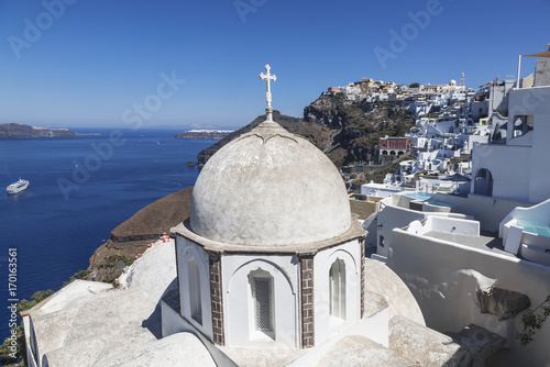 The view on Fira town and the Orthodox Church of St. John, Santorini, Greece