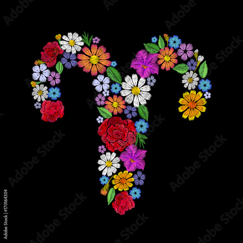 Aries zodiac sign flower arrangement. Horoscope astrology fashion floral embroidery patch design template. Texture stitch effect. Textile print on black background vector illustration