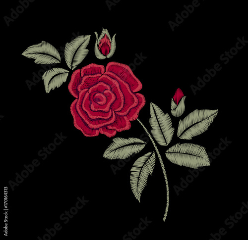 Red rose. Embroidered flower.
