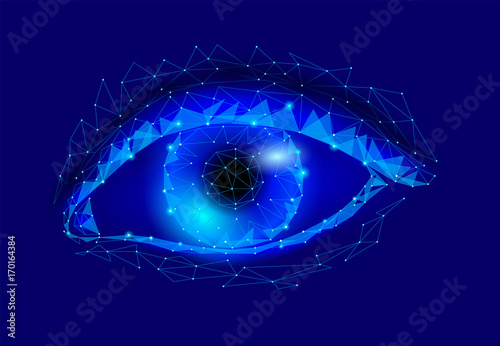 3d model of woman eye. Blue glowing polygonal low poly logo triangle. Beautiful alien female sight close up vector illustration