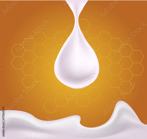 Realistic Drop of milk on honey background with milk splash
