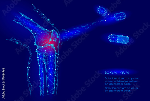 Human knee joint 3d model vector illustration. Low poly design future technology cure pain treatment. Blue background and red injury man body leg medicine drug capsule marketing banner template