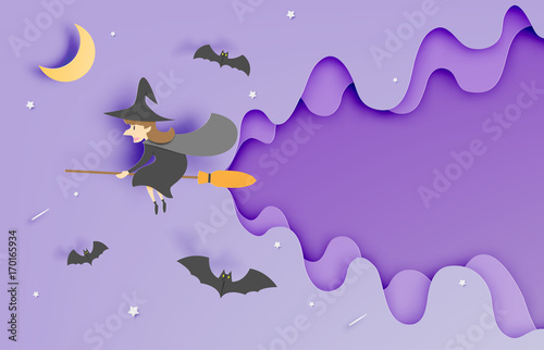 Witch on the broom paper art style with sky in the night