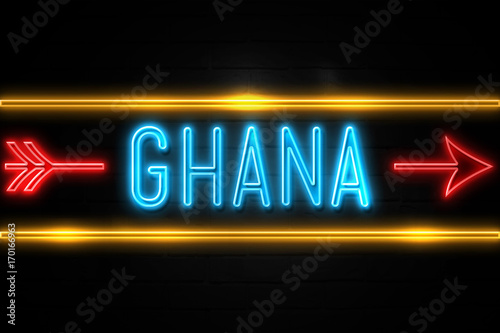 Ghana - fluorescent Neon Sign on brickwall Front view