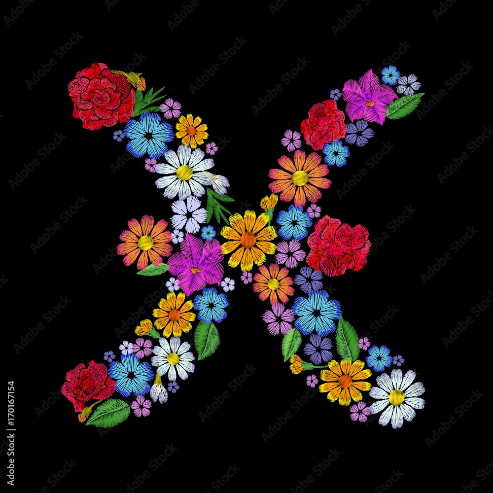Pisces zodiac sign flower arrangement. Horoscope astrology fashion floral embroidery patch design template. Texture stitch effect. Textile print on black background vector illustration