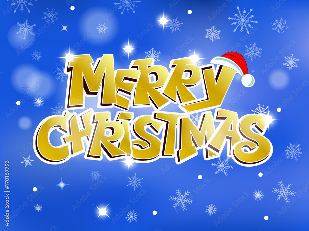 Merry Christmas hand drawn lettering with cute santa hat over winter holiday background vector illustration. 