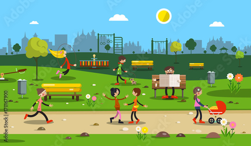 People in City Park. Vector.