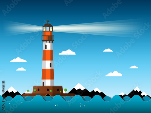 Lighthouse with Waves on Sea. Vector. Building with Mountains on Background.