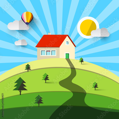 House on Hill. Vector Flat Design Natural Landscape. Countryside.