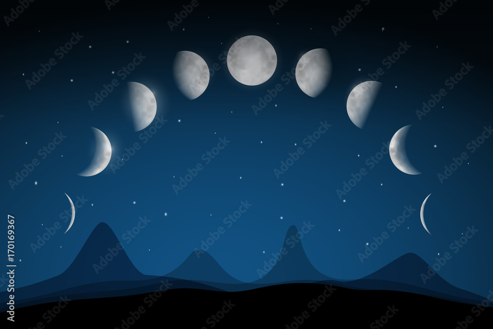 Naklejka premium Moon Phases on Dark Night Sky Above Abstract Landscape. Vector.