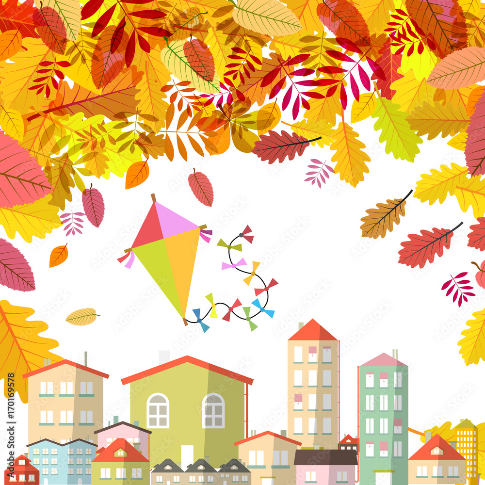 Autumn Scene with Falling Leaves and Abstract City and Kite on Sky. Vector. Autumn Scene with Falling Leaves and Abstract City and Kite on Sky. Vector.