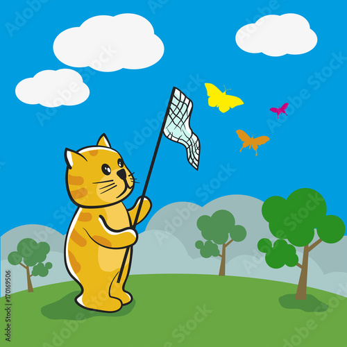 Cat is catching butterflies vector illustration.