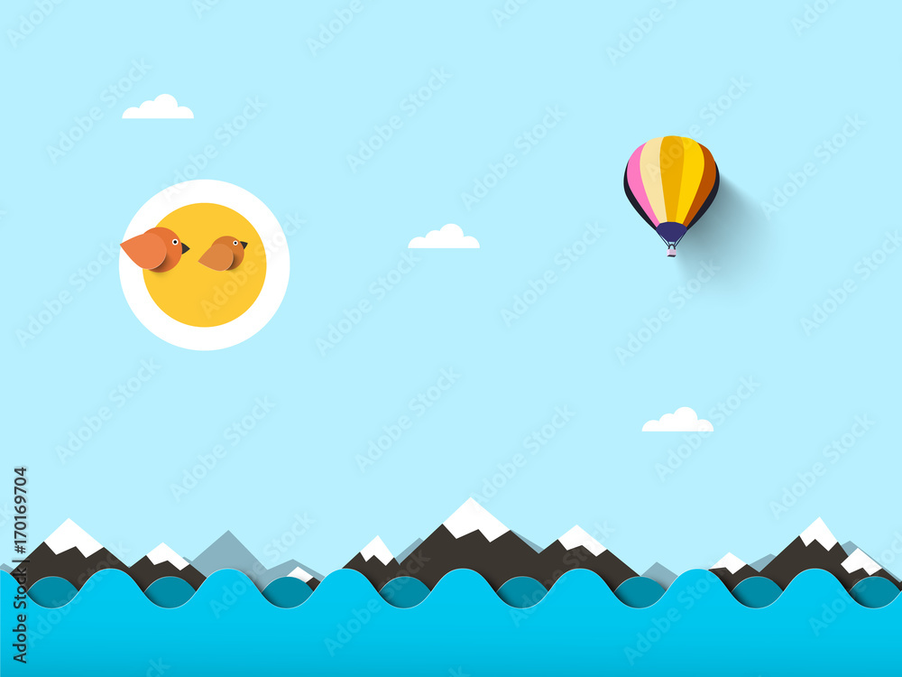 Ocean. Vector Flat Sea Background with Waves and Hot Air Balloon. Ocean. Vector Flat Sea Background with Waves and Hot Air Balloon.