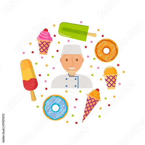 The frozen dessert.Ice cream ice cream cone, an eskimo on wooden sticks.A wafer cup with a ball of strawberry ice cream.The donut glazed with fondant and sprinkling.The confectioner the character.
