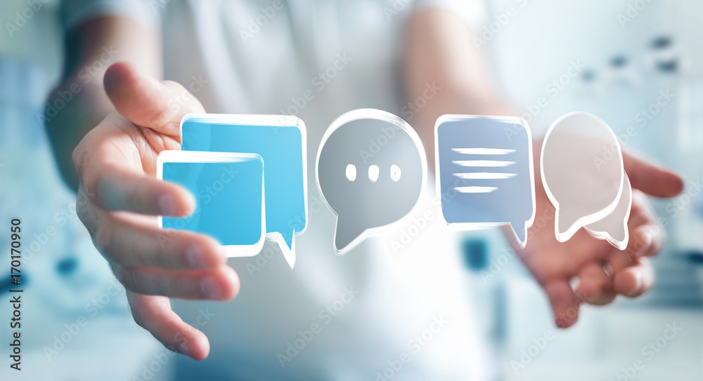 Businessman holding discussion icons sketch Businessman holding discussion icons sketch