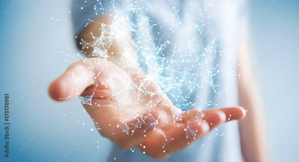 Fototapeta premium Businessman holding flying network connection 3D rendering