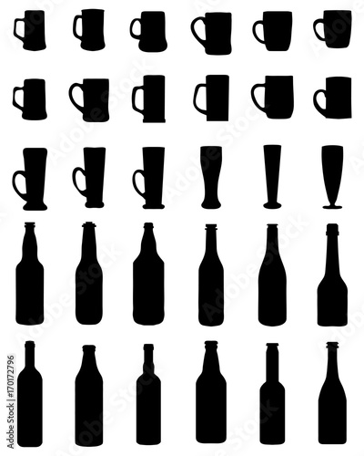 Silhouettes of beer mugs and glasses on a white background